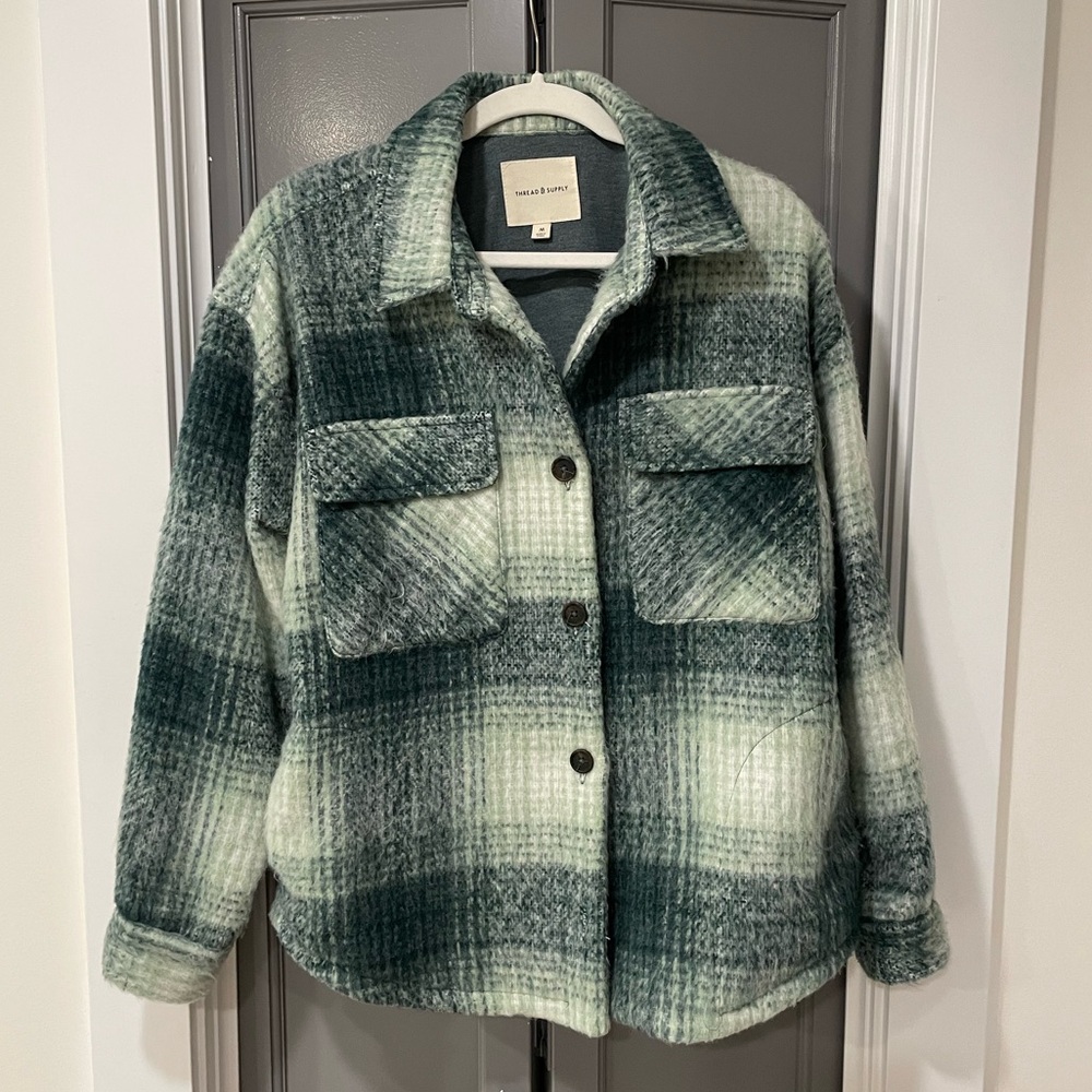 Green and Cream Plaid Fuzzy Jacket